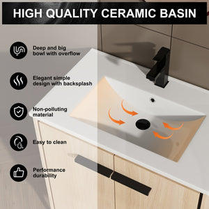 English Elm 30 Inch Oak Bathroom Vanity Base with Basin, Engineered Wood Double-Door Cabinet, Modern Storage W1972S00004