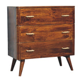 Solid Mango Wood Chestnut T-Bar Nordic Chest with 3 Drawers & Gold Handles - Stylish & Functional Storage Solution