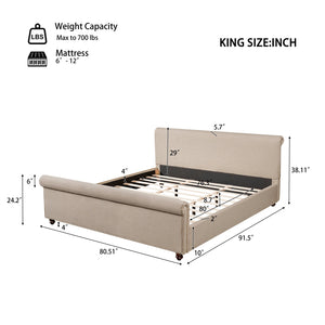 English Elm King Upholstered Bed Linen Fabric Rolled Headboard Rubberwood Legs Primary Bedroom Sand N757K384825S