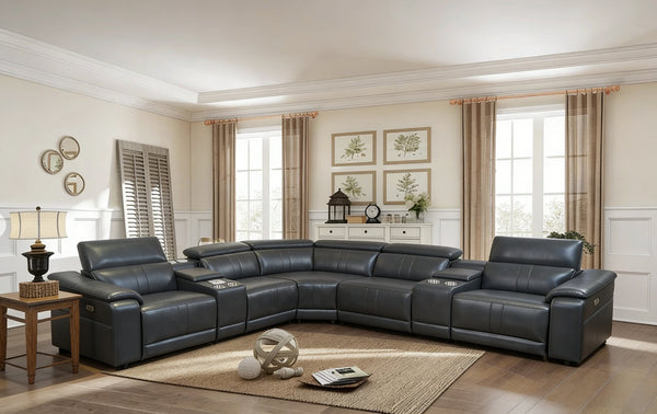 English Elm Power Reclining Sectional with Bluetooth Audio Led Lighting and Wireless Charging Tech Leather Dark Grey W3795S00020
