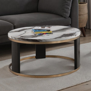 English Elm Contemporary Round Cocktail Table With Marble Top, Gold Accents & Wooden Legs For Modern Living Spaces B2741P395327