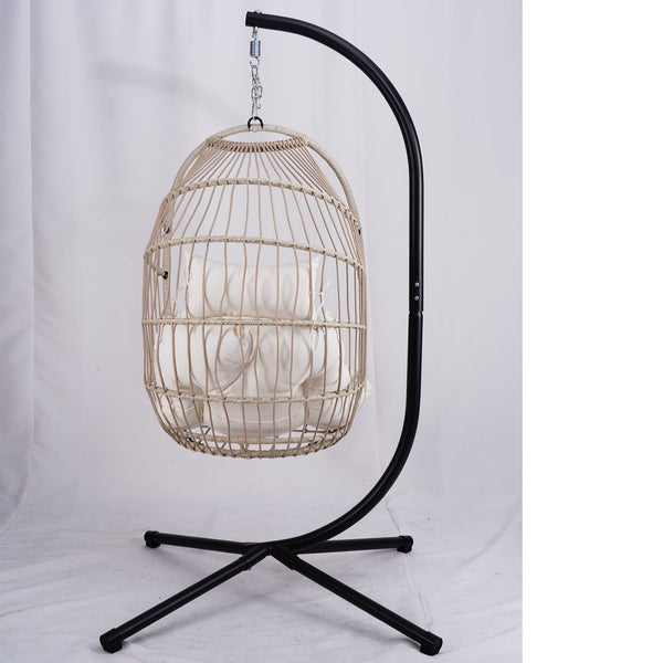 English Elm Outdoor Egg Hanging Chair with Stand - Light Gray Wicker Hammock, 350lb Steel Frame, Cozy Washable Cushions W2500P262991