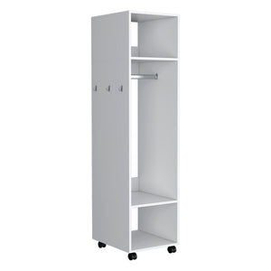 English Elm Armoire 63"H With 3 Shelves & Integrated Mirror On 4 Wheels - Stylish White Storage Solution B097P250842
