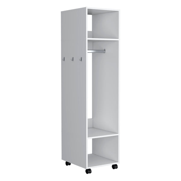 English Elm Armoire 63"H With 3 Shelves & Integrated Mirror On 4 Wheels - Stylish White Storage Solution B097P250842