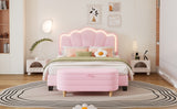 English Elm 2-Pieces Bedroom Sets Full Size Flower-Shaped Upholstered Led Platform Bed With Storage Ottoman-Sherpa Fabric, Pink