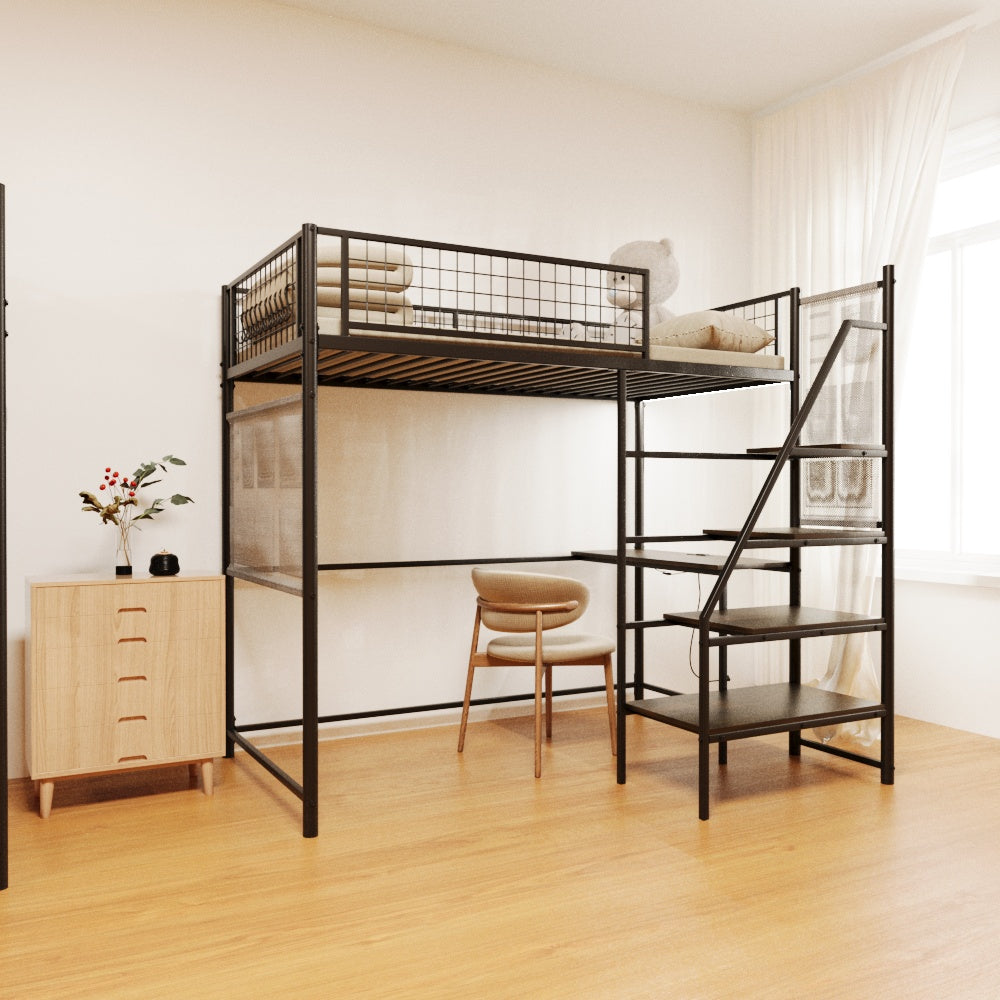 English Elm Black Metal Loft Bed with Built-in Desk Rgb Led Lighting and Charging Station Black W1671S00004