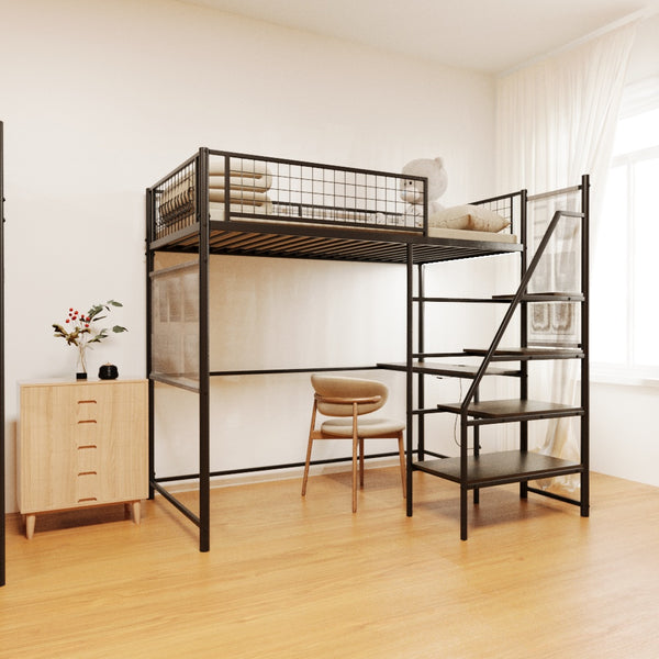 English Elm Black Metal Loft Bed with Built-in Desk Rgb Led Lighting and Charging Station Black W1671S00004
