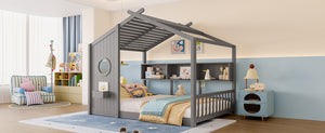 English Elm Full House Floor Bed with Roof Playhouse Design, Montessori Style with Rear Storage Shelf, Sturdy Pine Gray 78.5 L x 16.35 W x 8 H N733P335068E