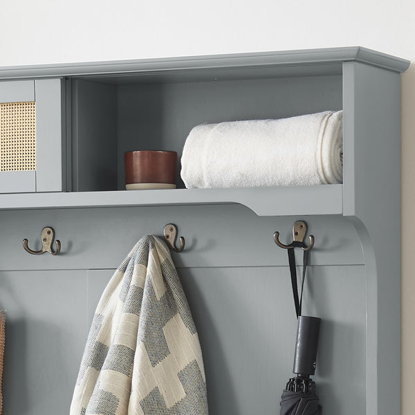 English Elm Clothes Hall Tree Storage Bench with Adjustable Shelves, Sliding Doors, Solid Poplar Feet & Shoe Bench Gray W2275P210041