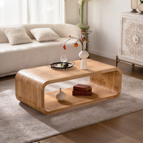 English Elm Modern Racetrack Oval Coffee Table Light Wood Veneer Open Shelf Airy Living Room W3081P352094