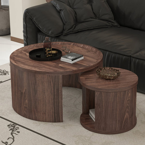 English Elm Round Nesting Coffee Tables Natural Wood Grain Scandinavian Set for Living Room W1727S00092
