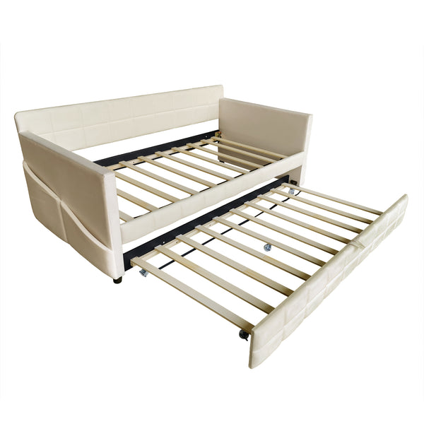 English Elm Modern Velvet Twin Daybed with Pull Out Trundle and Built in Armrest Storage Pockets Beige SF000200AAA