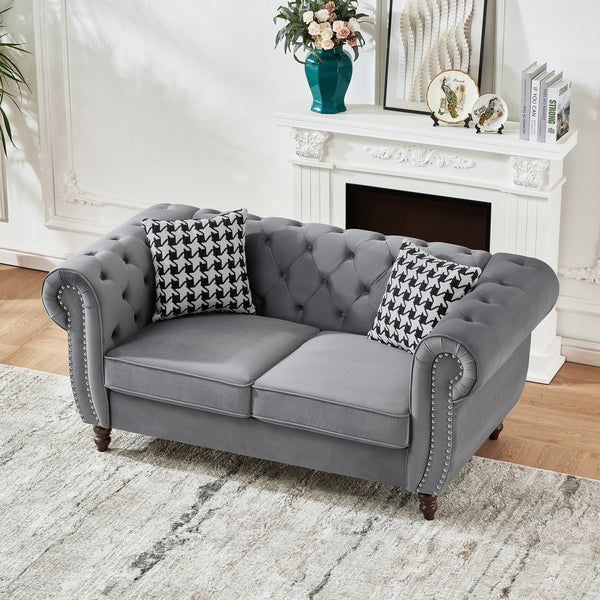 English Elm 67"Chesterfield Velvet 2-Seater Sofa with Nailhead Trim, Roll Arms, Hardwood Frame, Luxurious Comfort Grey W3373S00012