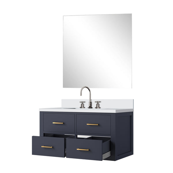 English Elm Blue Single-Sink Vanity Set With Cultured Marble Top, Frameless Mirror & Chrome Faucet – Elegant Upgrade B2731S01986