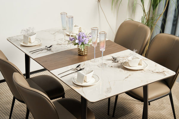 English Elm The Rock Plate Extendable Dining Table Seats 8 with Sculptural Metal Base W1911P389401