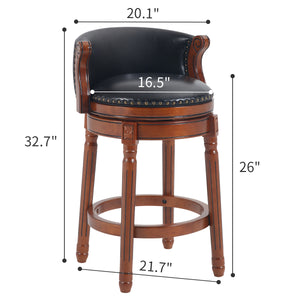 English Elm Seat 26" Cow-Top Leather Wooden Bar Stool with 360° Swivel, Contoured Back, Solid Wood Frame W2195P206486