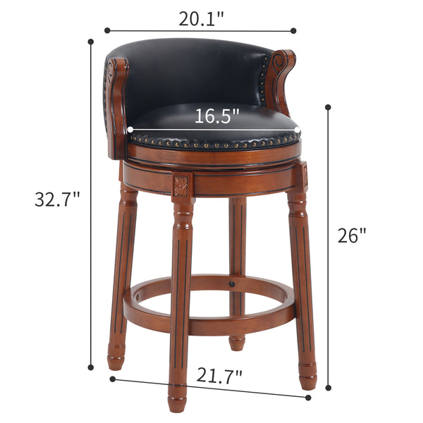 English Elm Seat 26" Cow-Top Leather Wooden Bar Stool with 360° Swivel, Contoured Back, Solid Wood Frame W2195P206486