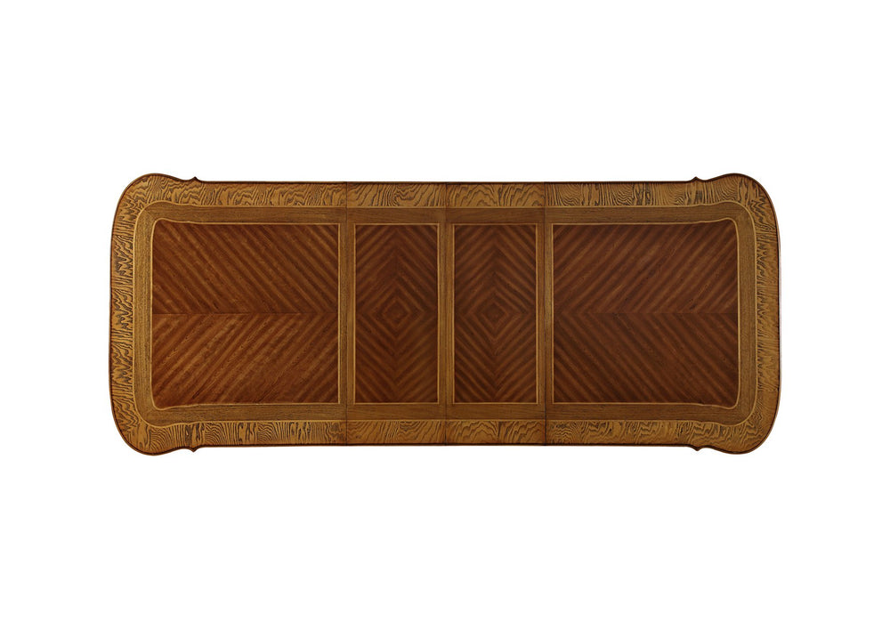 English Elm Dining Rectangular Double Pedestal Table Top with Removable Leaf, Antique White/Cherry Parquet Veneer Finish, Ornate PolyResin Trim B2726P373705