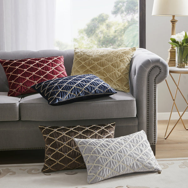 English Elm Oblong Luxurious Navy Velvet Pillow 22x15" Foxtail Stitch & Hand-Beaded Net Pattern with Feather Insert B035129197