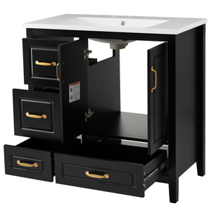 English Elm Christopher Knight Home® - 36" Freestanding Bathroom Vanity with Resin Sink, Soft-Close Doors & Drawers, Gold Alloy Handles, Spacious Storage and Easy Plumbing Access Black N759P292552B
