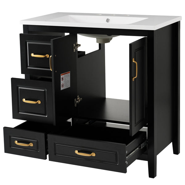 English Elm Christopher Knight Home® - 36" Freestanding Bathroom Vanity with Resin Sink, Soft-Close Doors & Drawers, Gold Alloy Handles, Spacious Storage and Easy Plumbing Access Black N759P292552B