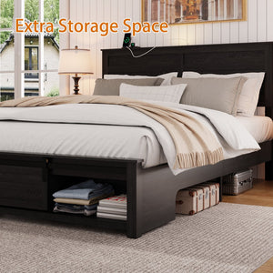 English Elm Full Farmhouse Platform Bed Upholstered Wood Frame with Led Lighting and Charging Ports W636P263895
