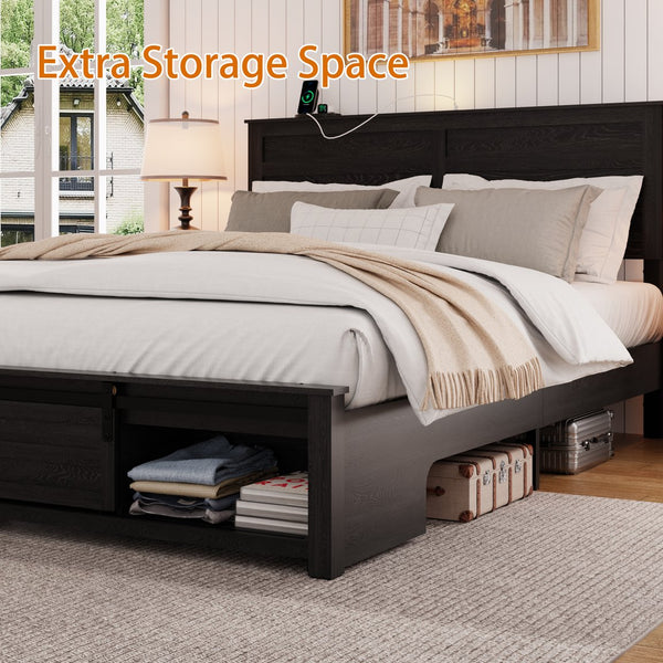 English Elm Full Farmhouse Platform Bed Upholstered Wood Frame with Led Lighting and Charging Ports W636P263895