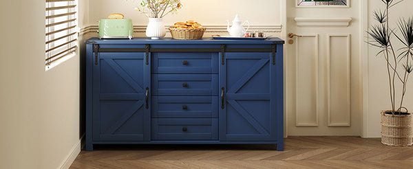 English Elm U-style Farmhouse Sideboard Barn Door Buffet with Drawers Built-in Outlet Dining Navy Blue N711P347377V