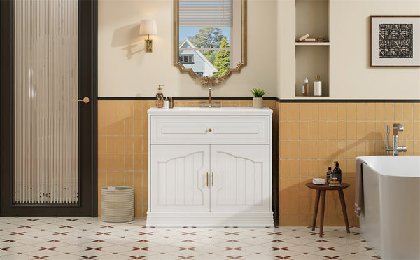 English Elm 36" Luxurious Bathroom Vanity with Ceramic Sink and Soft-Close Doors, Solid Wood Frame, Adjustable Shelves White N710P288944K