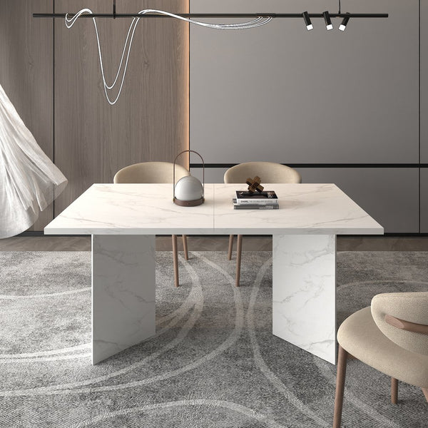 English Elm Extendable Faux Marble Dining Table with V-Legs — Sleek Expandable Conference & Kitchen Centerpiece for 6–10 White W1347S00015