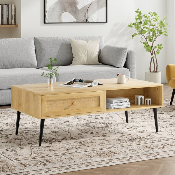 English Elm Mid-Century 47" Rectangular Coffee Table with Rattan Drawer, Open Shelf & Metal Legs for Living Room Natural T3623P380015