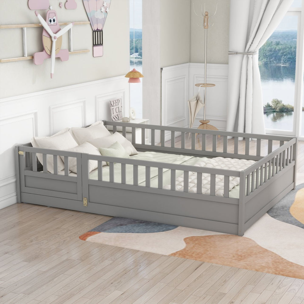 English Elm Full Montessori Floor Bed Frame With High-Security Barrier & Clockwise Door - Cozy Gray Design W1858P164944
