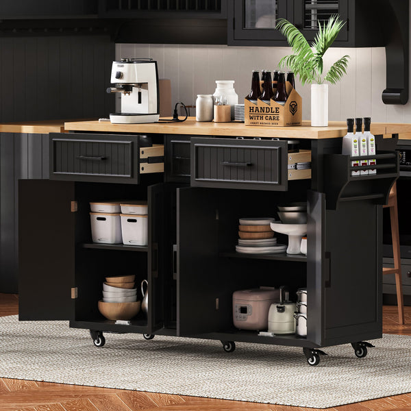 English Elm K&K 56.5" Kitchen Island with Drop Leaf, Embossed Vertical Stripe Barn Doors, Wheels & Charging Hub Black N707P263094B