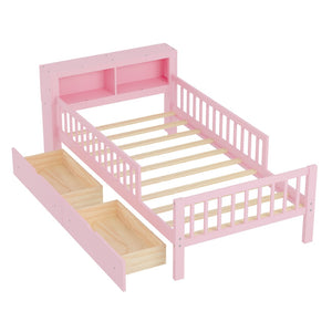 English Elm Twin Size Bed With Pink Finish, Headboard Storage, Under-Bed Drawers & Guardrails For Kids' Safety N733P272374H-GIGA