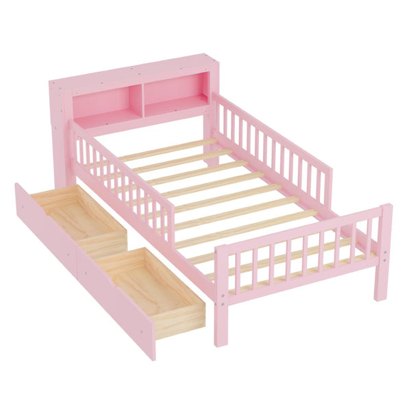 English Elm Twin Size Bed With Pink Finish, Headboard Storage, Under-Bed Drawers & Guardrails For Kids' Safety N733P272374H-GIGA