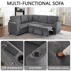 English Elm Sectional Corduroy Sleeper Sofa with Storage and Charging Ports for Small Spaces Grey W1361S00077