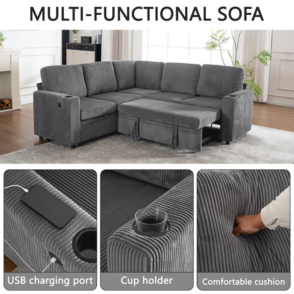 English Elm Sectional Corduroy Sleeper Sofa with Storage and Charging Ports for Small Spaces Grey W1361S00077
