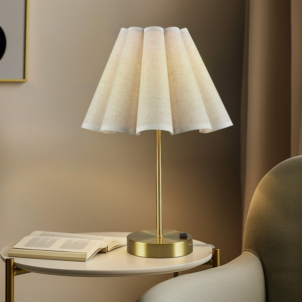 English Elm Tap-Control Gold Accent Table Lamp with Dimmable Touch, Built-In Power Outlet, Iron Body, Shade B035P264514