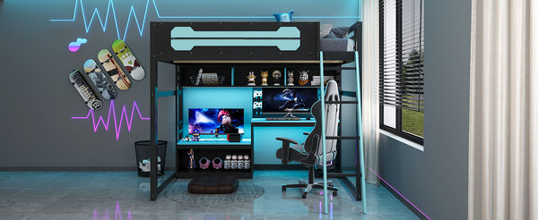 English Elm Full Size Gaming Loft Bed with Built-in Desk Led Lighting Usb Ports and Pegboard Black+Blue LT000270AAC