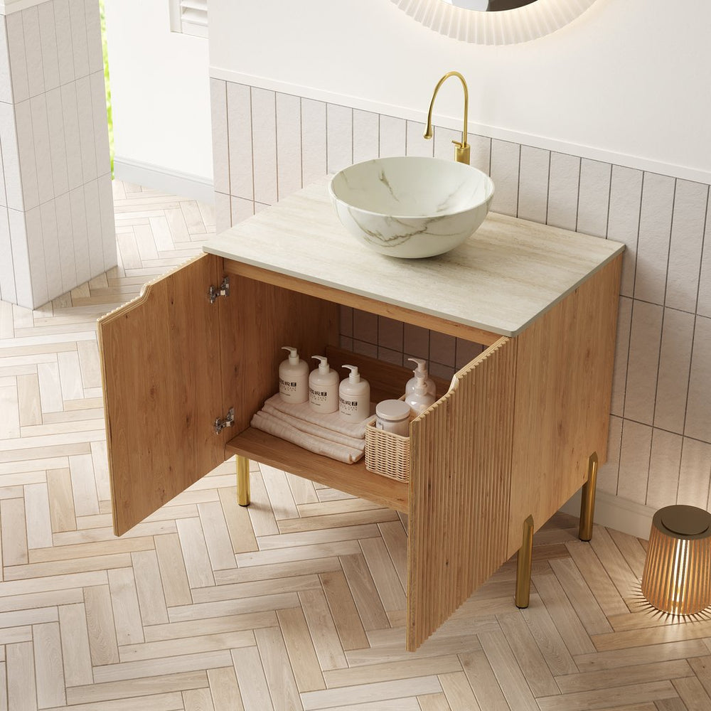 English Elm Turio Freestanding Bathroom Vanity Plywood Cabinet Sintered Stone Top Glass Basin W2615S00748
