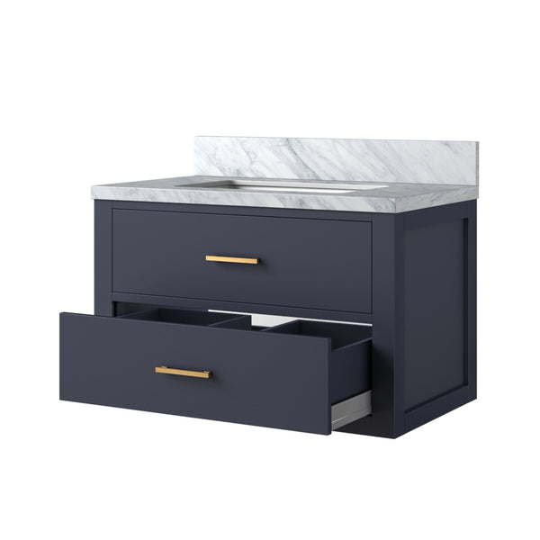 English Elm Blue Single Bath Vanity 30" W X 22" D With Luxurious Carrara Marble Top - Fully Assembled Elegance B2731P257927
