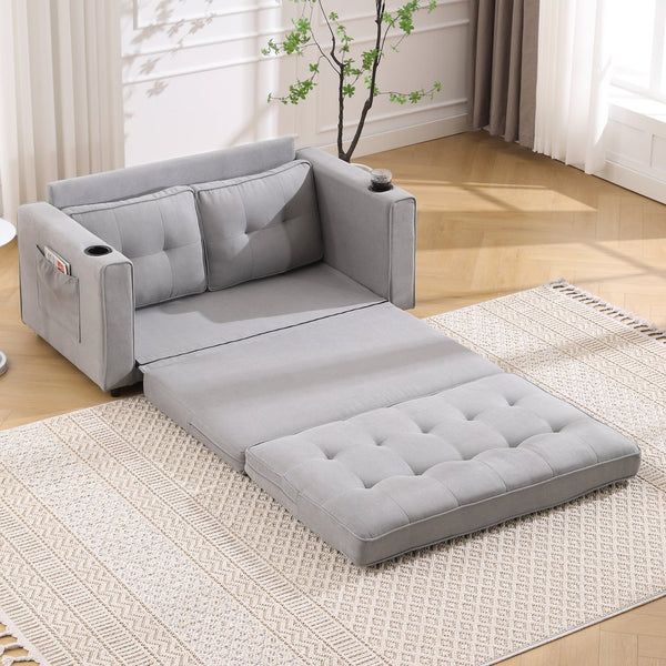 English Elm {VIDEO 3-in-1 Upholstered Futon Sofa Bed Convertible Loveseat with Tufted Back, Cup Holders & Side Pockets Light Gray W2325P183182