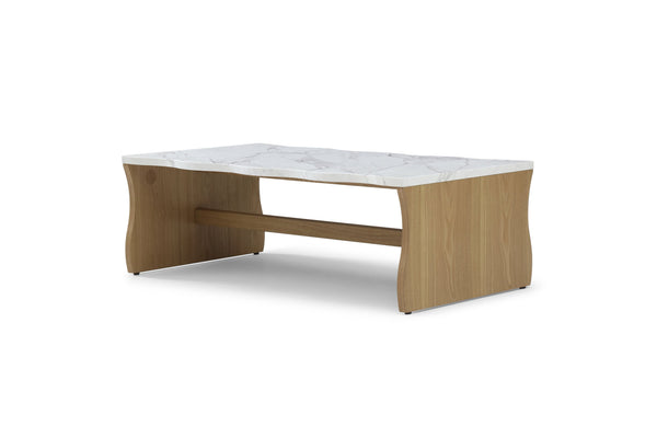 English Elm 47.24" Whisper Of Waves Modern Coffee Table - Sculptural Faux Marble Design With Warm Wood Base W2664P346444
