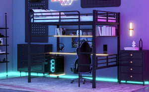 English Elm Full Size Metal Loft Bed Frame with Desk, LED Lights, Storage Shelves & Guardrails for Gamers DL002208AAB