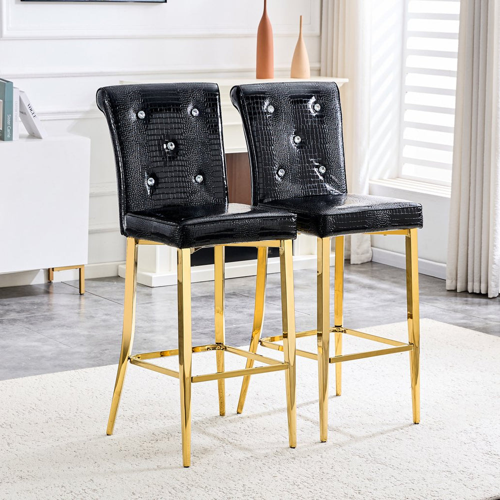 English Elm A Set of 2 Glam Faux Alligator Pvc Barstools with Crystal Buckle Detail Black W1512P491559