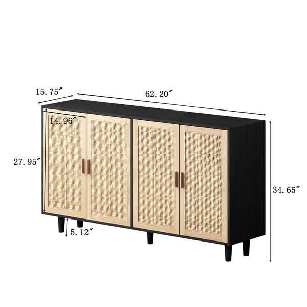 English Elm 62.20"Elegant 4-Door Rattan Storage Cabinet with Solid Wood Legs, Spacious Shelves & Easy Assembly Black W757P190068