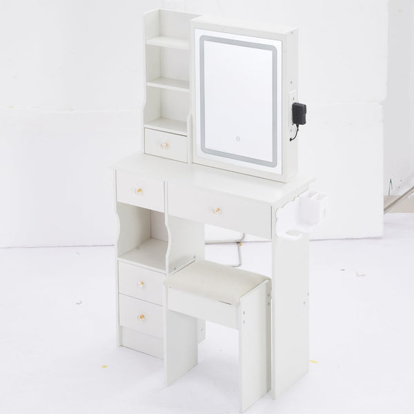 English Elm 29.2" Compact Left Drawer Vanity Set With Led Mirror, Power Station, Stool & Hair Dryer Holder P2 W936P226043-GIGA