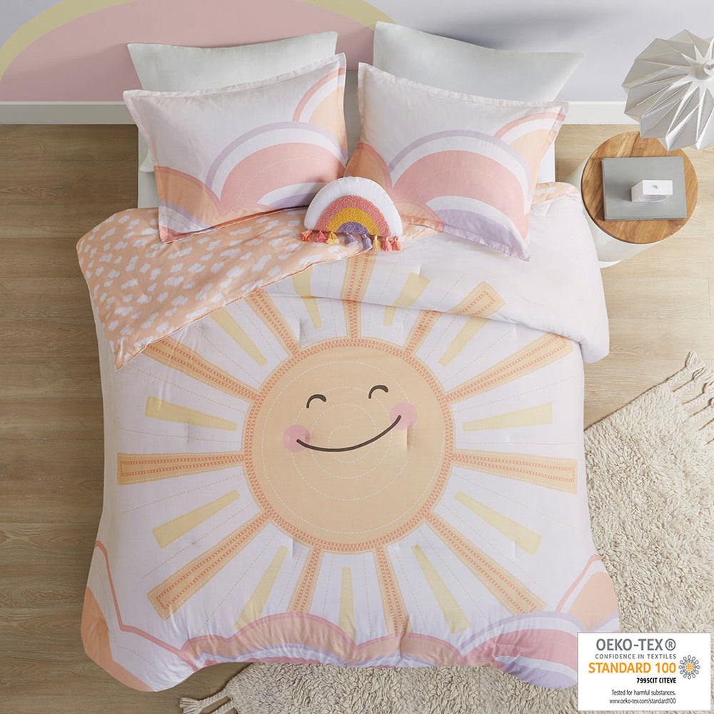 JLA Home Urban Habitat Kids - Sunshine Reversible Comforter Set with Smiling Sun and Cloud Print, Hypoallergenic, OEKO-TEX Safe Yellow/Coral UHK10-0185