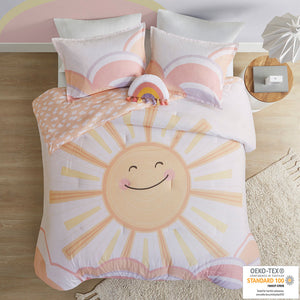 JLA Home Urban Habitat Kids - Sunshine Reversible Comforter Set with Smiling Sun & Cloud Print, Hypoallergenic, OEKO-TEX Certified Yellow/Coral UHK10-0184