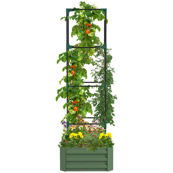 English Elm Outsunny Galvanized Raised Garden Bed With Trellis, 24" Outdoor Planter For Vegetables & Vines W2225P174424-GIGA